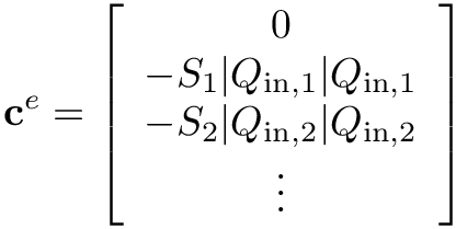 \[
  \mathbf{c}^{e} = \left[\begin{array}{c}
  0 \\
  - S_1 |Q_{\text{in},1}| Q_{\text{in},1} \\
  - S_2 |Q_{\text{in},2}| Q_{\text{in},2} \\
  \vdots
  \end{array}\right] \]