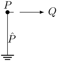 \[
\begin{circuitikz}
\draw (1,0) node[anchor=south]{$P$} to [short, *-] (1.2,0) ;
\draw [-latex] (1.4,0) -- (2.2,0) node[right] {$Q$};
\draw (1,0) to [short, l=, *-] (1,-1)
node[ground]{$\hat{P}$};
\end{circuitikz}
\]